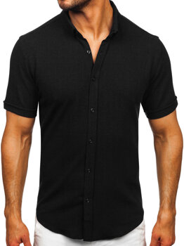 Μαύρο ανδρικό πουκάμισο από μουσελίνα με κοντό μανίκι Bolf 2013