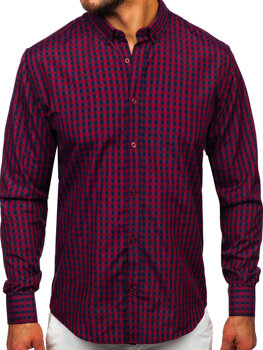 Μπορντό ανδρικό καρό Vichy πουκάμισο με μακριά μανίκια Bolf 22747