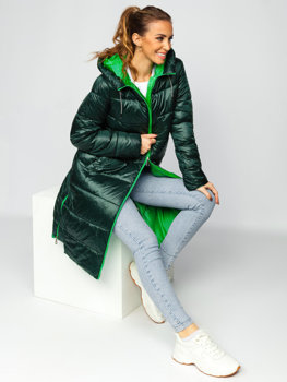 Πράσινο μακρύ καπιτονέ μπουφάν γυναικείο χειμερινό με κουκούλα Bolf J9063
