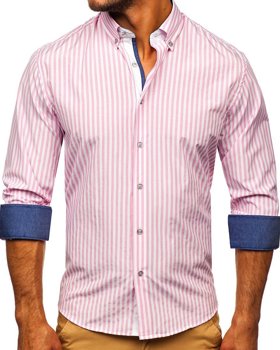 Ροζ πουκαμισο ανδρικο ριγε σχεδιο με μακρια μανικια Bolf 20704