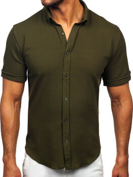 Χακί ανδρικό πουκάμισο από μουσελίνα με κοντό μανίκι Bolf 2013