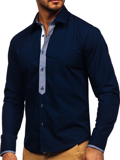 Ανδρικό κομψό πουκάμισο με μακριά μανίκια μπλε μαρέν Bolf 6873