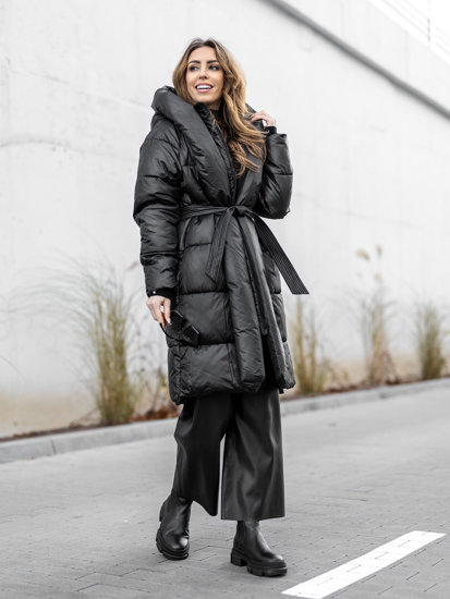 Γυναικείο μαύρο μακρύ χειμερινό μπουφάν με κουκούλα Bolf MY0363A