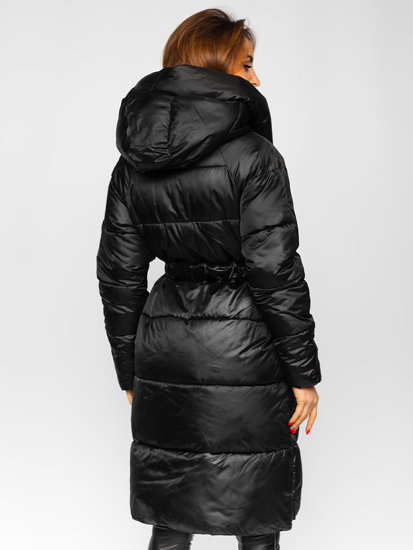 Γυναικείο μαύρο μακρύ χειμερινό μπουφάν με κουκούλα Bolf MY0363A
