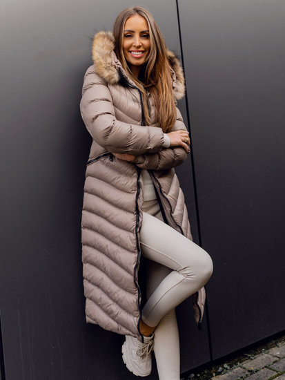Καφέ γυναικείο μακρύ καπιτονέ μπουφάν τύπου παλτό χειμερινό με φυσική γούνα Bolf M699