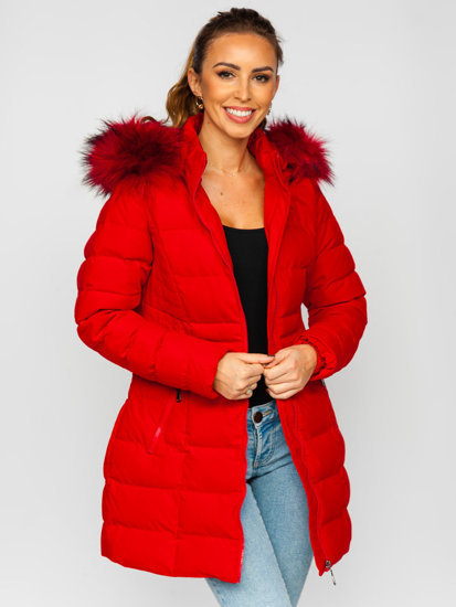 Κόκκινο μακρύ καπιτονέ μπουφάν γυναικείο χειμερινό με κουκούλα Bolf 16M9061