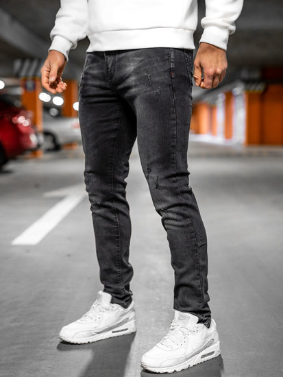 Μαύρο ανδρικό τζιν παντελόνι skinny fit με ζώνη Bolf R61117W1