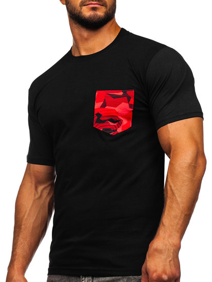 Μαύρο-κόκκινο βαμβακερό ανδρικό μπλουζάκι με τσέπη Bolf 14507