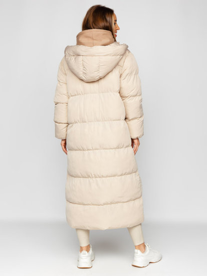 Μπεζ μακρύ καπιτονέ μπουφάν παλτό γυναικείο χειμερινό με κουκούλα Bolf R6702