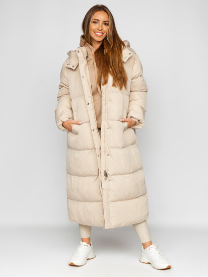 Μπεζ μακρύ καπιτονέ μπουφάν παλτό γυναικείο χειμερινό με κουκούλα Bolf R6702