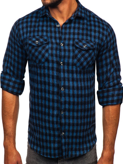 Μπλε μαρέν ανδρικό καρό φανελένιο πουκάμισο με μακριά μανίκια Bolf 22701