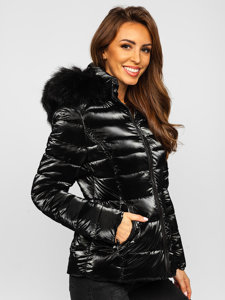 Γυναικείο χειμερινό μπουφάν με μαύρο καπιτονέ με κουκούλα Bolf DK030