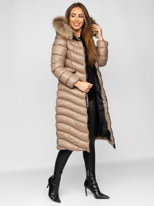 Καφέ γυναικείο μακρύ καπιτονέ μπουφάν τύπου παλτό χειμερινό με φυσική γούνα Bolf M699