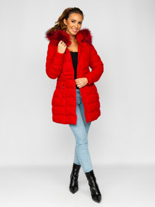 Κόκκινο μακρύ καπιτονέ μπουφάν γυναικείο χειμερινό με κουκούλα Bolf 16M9061