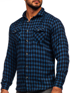 Μπλε μαρέν ανδρικό καρό φανελένιο πουκάμισο με μακριά μανίκια Bolf 22701