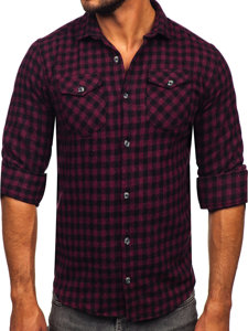 Μπορντό ανδρικό καρό φανελένιο πουκάμισο με μακριά μανίκια Bolf 22701