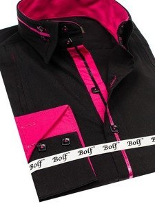 Πουκαμισο ανδρικο κομψο με μακρια μανικια μαυρο-ροζ Bolf 2964