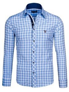 Koszula męska elegancka w kratę z długim rękawem błękitna Bolf 4747