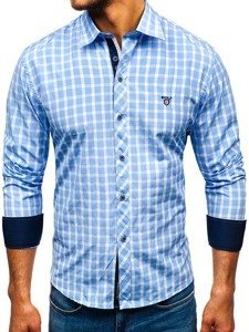 Koszula męska elegancka w kratę z długim rękawem błękitna Bolf 4747
