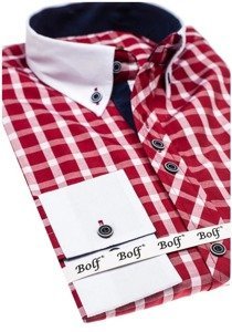 Koszula męska w kratę z długim rękawem bordowa Bolf 5737