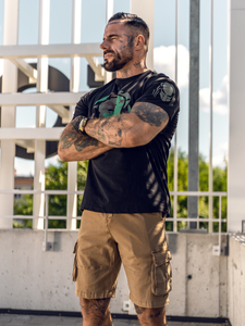 Ανδρικό μπλουζάκι με στάμπα από βαμβάκι Μαύρος Bolf 192379A