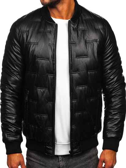 Μαύρη δερμάτινη καπιτονέ μπόμπερ ανδρική χειμερινή μπουφάν Bolf 11Z8099