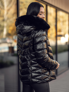 Μαύρο γυναικείο καπιτονέ χειμωνιάτικο μπουφάν με κουκούλα Bolf 5M3138A