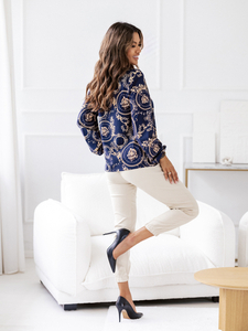 Σκούρο μπλε γυναικεία μπλούζα με μακρύ μανίκι με σχέδια Bolf 8207A