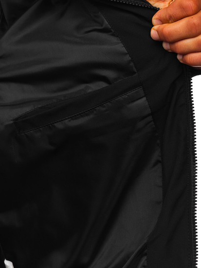 Μαύρο καπιτονέ ανδρικό χειμερινό μπουφάν με εκτύπωση Bolf 31M5029