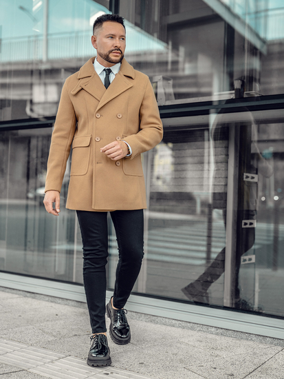 Ανδρικό κοντό χειμερινό παλτό με σταυρωτό τελείωμα Καμήλα Bolf 11Z8215A