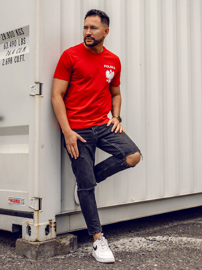 Κόκκινο βαμβακερό ανδρικό t-shirt με τύπωμα Polska 5064A