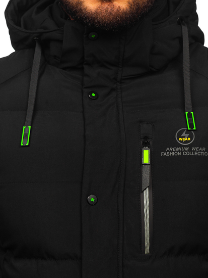 Μαύρο μακρύ καπιτονέ ανδρικό χειμερινό μπουφάν Bolf 22M57