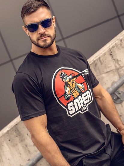 Μαύρο βαμβακερό ανδρικό t-shirt με στάμπα Bolf 143022A