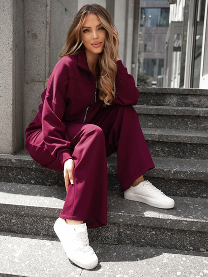 Γυναικεία αθλητική φόρμα 2 τεμαχίων με φερμουάρ και βουτυρένιο τελείωμα Κόκκινο κρασί Bolf 821109