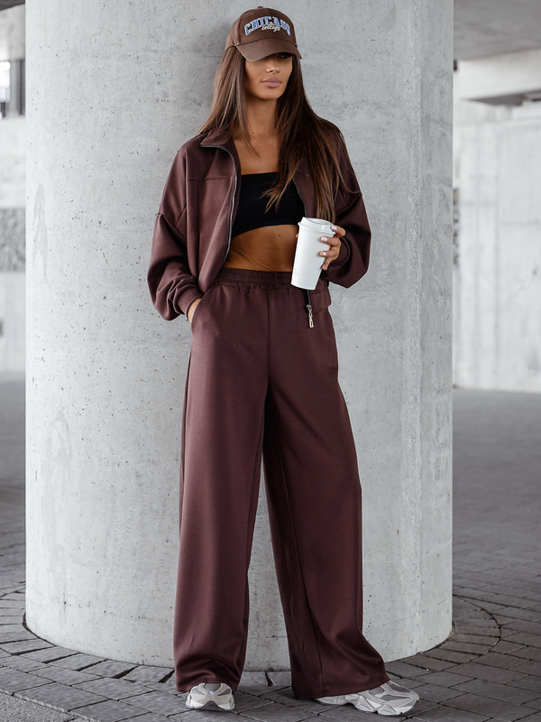 Γυναικεία αθλητική φόρμα 2 τεμαχίων με φερμουάρ και βουτυρένιο τελείωμα Σοκολάτα Bolf 821109