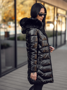Μαύρο γυναικείο μακρύ χειμερινό καπιτονέ μπουφάν με κουκούλα Bolf 16M9122A
