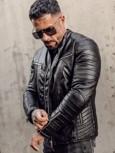 Μαύρο ανδρικό δερμάτινο μπουφάν με αποσπώμενα μανίκια biker Bolf 11Z8011