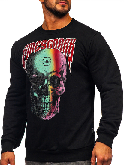 Μαύρη ανδρική μπλούζα χωρίς κουκούλα με στάμπα και εφαρμογές Bolf 6445