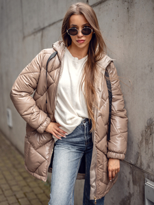 Κάμελ μακρύ καπιτονέ μπουφάν παλτό χειμωνιάτικο με κουκούλα για γυναίκες Bolf 5M3189