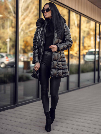 Μαύρο μακρύ καπιτονέ μπουφάν παλτό χειμωνιάτικο με κουκούλα για γυναίκες Bolf 16M9120A