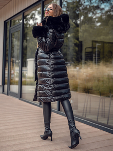 Μαύρο μακρύ γυναικείο καπιτονέ παλτό μπουφάν χειμωνιάτικο με κουκούλα Bolf 5M3160