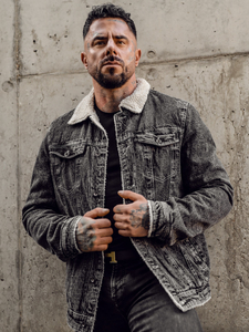 Μαυρο τζιν μπουφαν θερμαινομενο τυπου trucker με γιακα με γουνα ανδρικο Bolf 1160