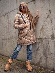 Κάμελ μακρύ καπιτονέ μπουφάν παλτό χειμωνιάτικο με κουκούλα για γυναίκες Bolf 5M3189