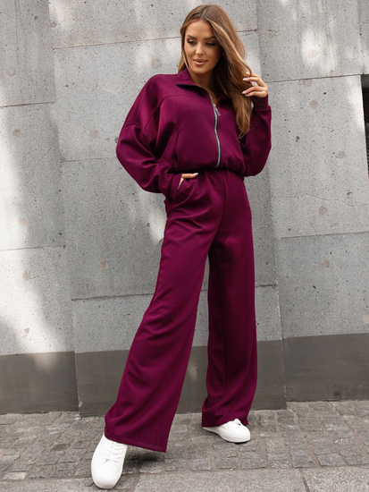 Γυναικεία αθλητική φόρμα 2 τεμαχίων με φερμουάρ και βουτυρένιο τελείωμα Κόκκινο κρασί Bolf 821109