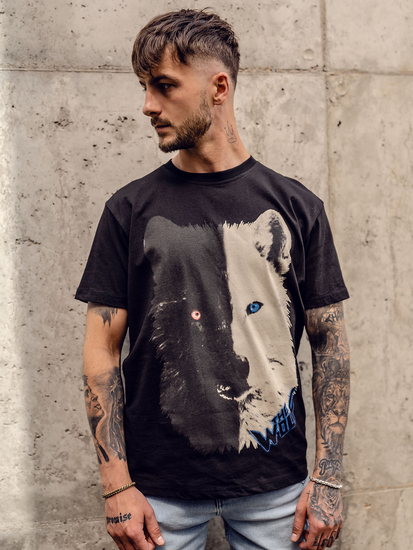 Μαύρο βαμβακερό ανδρικό t-shirt με στάμπα Bolf 14800A