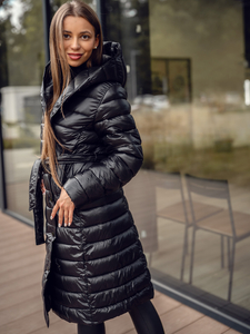 Μαύρο γυναικείο μακρύ καπιτονέ χειμερινό παλτό με κουκούλα Bolf 5M3159