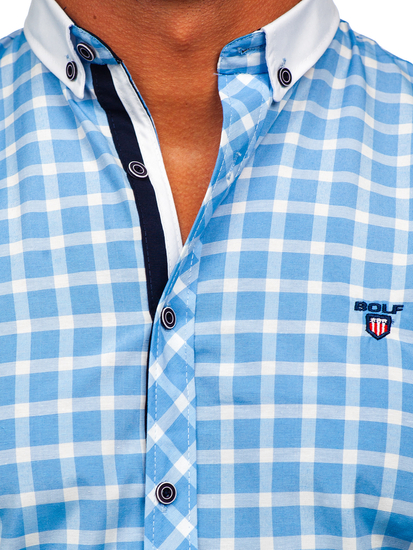 Μπλε ανδρικό κομψό καρό πουκάμισο με μακριά μανίκια Bolf 5737-1