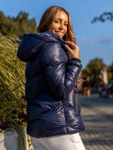 Σκούρο μπλε γυναικείο καπιτονέ χειμωνιάτικο μπουφάν με κουκούλα Bolf 23065A