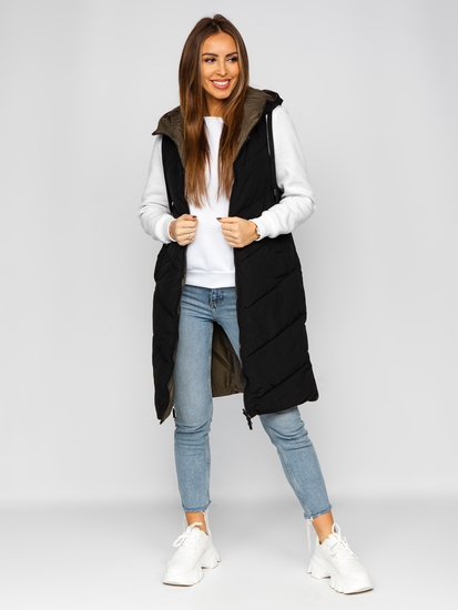 Μαύρο μακρύ καπιτονέ γυναικείο γιλέκο διπλής όψης Bolf B8022