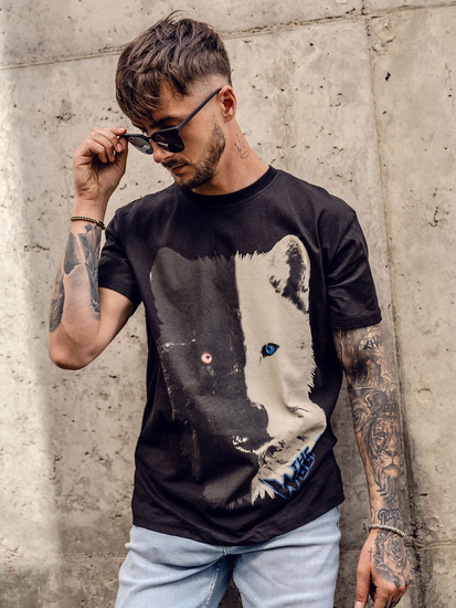 Μαύρο βαμβακερό ανδρικό t-shirt με στάμπα Bolf 14800A